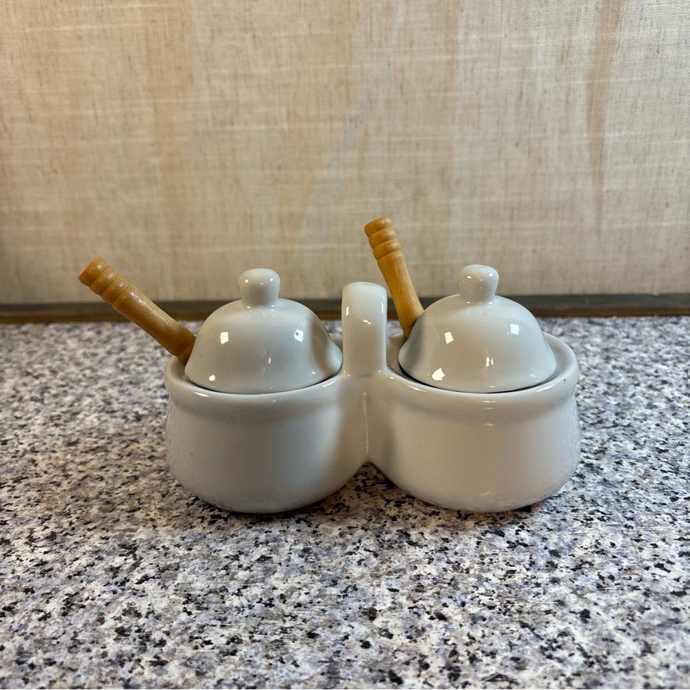 Vtg HH White Ceramic Double Condiment Jam Jelly Jar Set w/ Lids and Spoons - EUC
